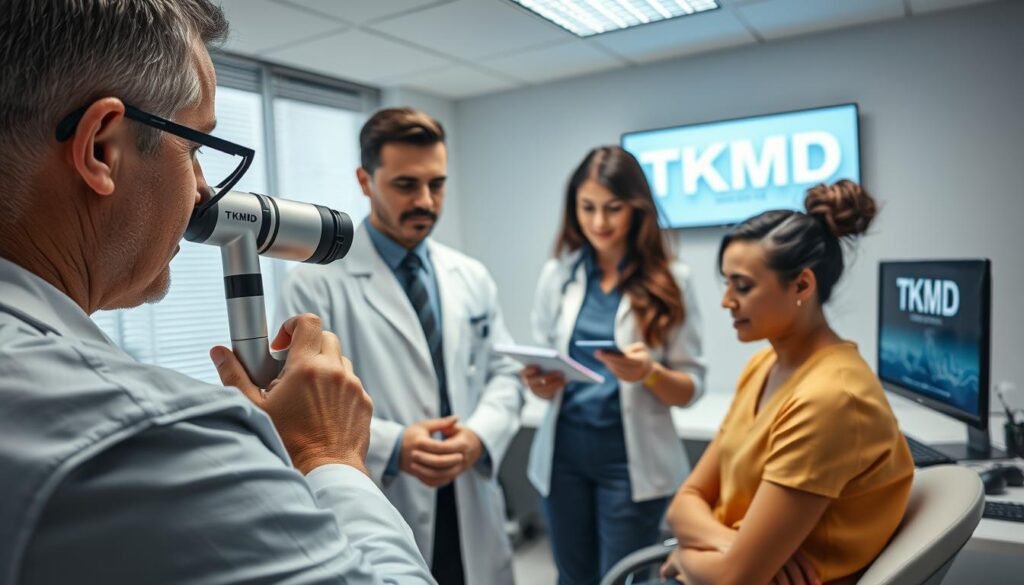 A well-lit, high-resolution image showcasing three medical professionals in a modern, professional office setting. In the foreground, a male physician in a white coat examines a patient's scalp, using a TKMD dermatoscope. In the middle ground, a female trichologist consults with a client, discussing potential hair loss treatments. In the background, a nurse checks patient records on a computer, the TKMD logo prominently displayed on the monitor. The atmosphere is one of expertise, care, and the latest advancements in hair loss diagnosis and therapy.
