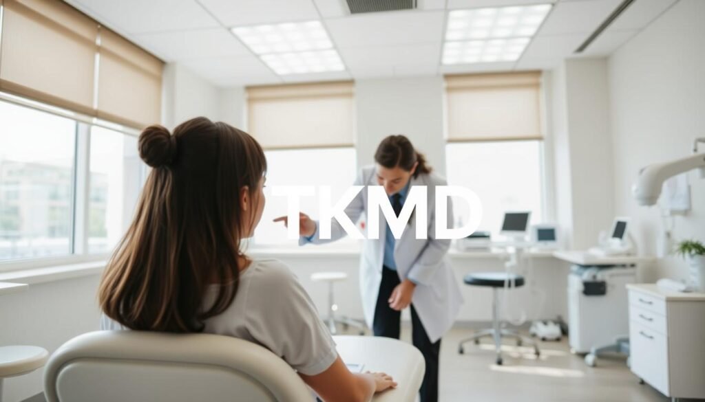 A well-lit, modern dermatology office with a white TKMD logo displayed prominently. In the foreground, a patient sits on an exam table, their face half-obscured as a dermatologist leans in to examine their skin up close. Soft, natural lighting filters through large windows, creating a calming atmosphere. The middle ground features various medical instruments and devices, conveying the professional nature of the setting. The background showcases soothing, neutral-toned decor, reinforcing the clinic's clean and sophisticated ambiance.