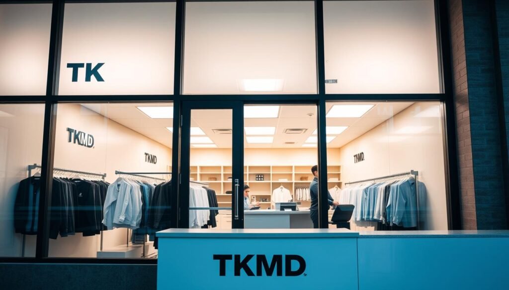 A well-lit, modern dry cleaning storefront with large windows showcasing the TKMD brand. The interior is clean and organized, with racks of freshly pressed garments and a uniformed attendant assisting a customer. Soft, diffused lighting creates a welcoming atmosphere. The front counter features the TKMD logo prominently displayed. The scene conveys a sense of professionalism, efficiency, and attention to detail in the dry cleaning services offered. A well-lit, modern dry cleaning storefront with large windows showcasing the TKMD brand. The interior is clean and organized, with racks of freshly pressed garments and a uniformed attendant assisting a customer. Soft, diffused lighting creates a welcoming atmosphere. The front counter features the TKMD logo prominently displayed. The scene conveys a sense of professionalism, efficiency, and attention to detail in the dry cleaning services offered.