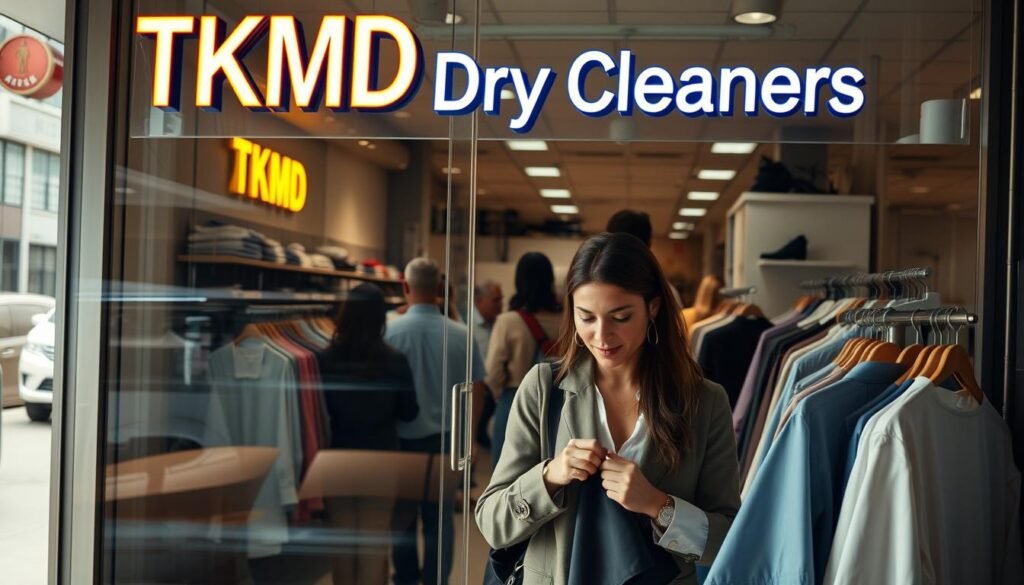 A well-lit storefront with the sign "TKMD Dry Cleaners" in bright neon letters, its glass windows reflecting the busy street outside. A diverse group of customers enter and exit the shop, their clothes crisply pressed and neatly folded. In the foreground, a woman examines a garment, discussing options with the friendly staff. The interior is organized and spotless, conveying a sense of professionalism and attention to detail. Warm, natural lighting filters in, creating a welcoming atmosphere. The scene captures the essence of a reliable, high-quality dry cleaning service tailored to the needs of the local community. A well-lit storefront with the sign "TKMD Dry Cleaners" in bright neon letters, its glass windows reflecting the busy street outside. A diverse group of customers enter and exit the shop, their clothes crisply pressed and neatly folded. In the foreground, a woman examines a garment, discussing options with the friendly staff. The interior is organized and spotless, conveying a sense of professionalism and attention to detail. Warm, natural lighting filters in, creating a welcoming atmosphere. The scene captures the essence of a reliable, high-quality dry cleaning service tailored to the needs of the local community.