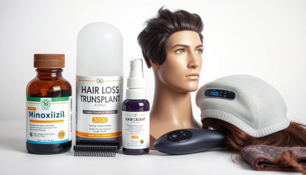 A well-lit studio shot of various hair loss treatment options, including a bottle of minoxidil, a hair transplant model, a laser comb, and a wig. The products are arranged in a visually appealing manner, with a focus on their features and benefits. The lighting is soft and flattering, creating a sense of professionalism and authority. The background is a clean, neutral color, allowing the products to take center stage. The overall mood is informative and educational, reflecting the subject matter of the article. A well-lit studio shot of various hair loss treatment options, including a bottle of minoxidil, a hair transplant model, a laser comb, and a wig. The products are arranged in a visually appealing manner, with a focus on their features and benefits. The lighting is soft and flattering, creating a sense of professionalism and authority. The background is a clean, neutral color, allowing the products to take center stage. The overall mood is informative and educational, reflecting the subject matter of the article.