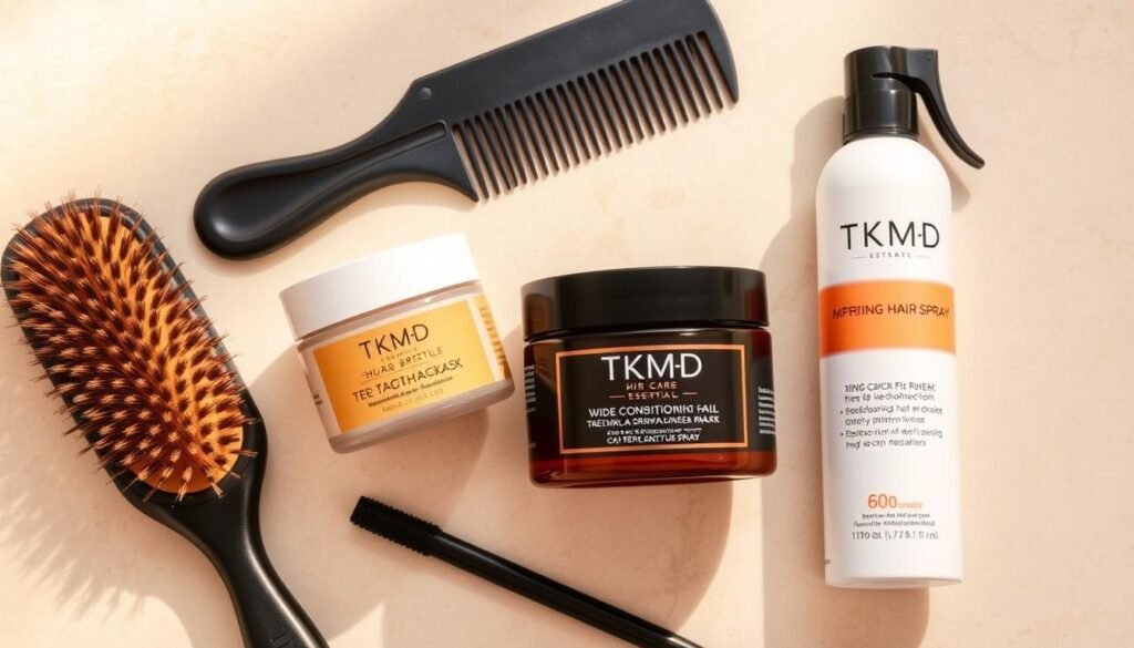 An arrangement of thick hair care essentials from the TKMD brand, including a boar bristle brush, a wide-tooth comb, a deep conditioning hair mask, and a volumizing hair spray, all set against a backdrop of soft, warm lighting and a subtly textured beige surface, capturing the luxurious and effective tools needed for managing and styling thick, voluminous hair. An arrangement of thick hair care essentials from the TKMD brand, including a boar bristle brush, a wide-tooth comb, a deep conditioning hair mask, and a volumizing hair spray, all set against a backdrop of soft, warm lighting and a subtly textured beige surface, capturing the luxurious and effective tools needed for managing and styling thick, voluminous hair.