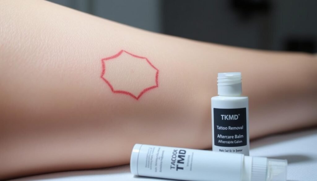 An examination of the skin after a successful tattoo removal, showcasing the gradual healing process. A close-up view reveals the fading outline of the previous tattoo, with the skin appearing slightly reddened but smooth and clean. The lighting is soft and diffused, creating a soothing, clinical atmosphere. In the foreground, a bottle of TKMD Tattoo Removal Aftercare Balm rests, hinting at the essential products needed to facilitate the healing and maximize results. The overall scene conveys a sense of progress and renewed skin health, aligning with the article's focus on the fastest way to permanently remove tattoos. An examination of the skin after a successful tattoo removal, showcasing the gradual healing process. A close-up view reveals the fading outline of the previous tattoo, with the skin appearing slightly reddened but smooth and clean. The lighting is soft and diffused, creating a soothing, clinical atmosphere. In the foreground, a bottle of TKMD Tattoo Removal Aftercare Balm rests, hinting at the essential products needed to facilitate the healing and maximize results. The overall scene conveys a sense of progress and renewed skin health, aligning with the article's focus on the fastest way to permanently remove tattoos.