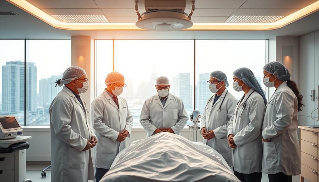 An expert medical team in crisp white coats and surgical masks gathers around a patient's bedside in the serene, modern setting of the TKMD American Hospital Media City. Brilliant LED lighting casts a warm, professional glow over the scene, while large windows overlooking the bustling city provide a sense of calm and focus. The team's expressions convey a collaborative, attentive demeanor as they discuss the patient's condition, their years of experience and specialized expertise evident in their confident, yet compassionate movements. In the background, state-of-the-art medical equipment and sleek, minimalist decor reinforce the hospital's reputation for cutting-edge technology and patient-centric care.