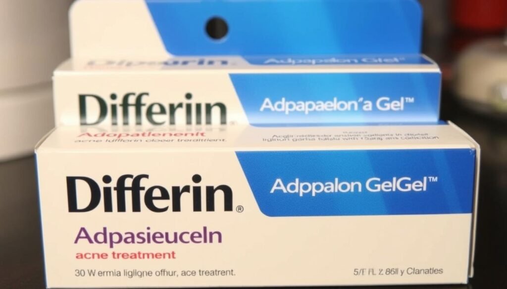 An image of Differin Adapalene Gel acne treatment product packaging. An image of Differin Adapalene Gel acne treatment product packaging.