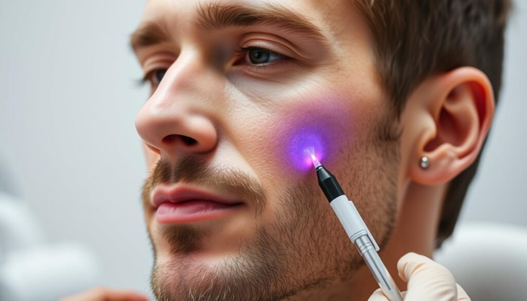 An image of a man receiving Sculptra injections for facial rejuvenation