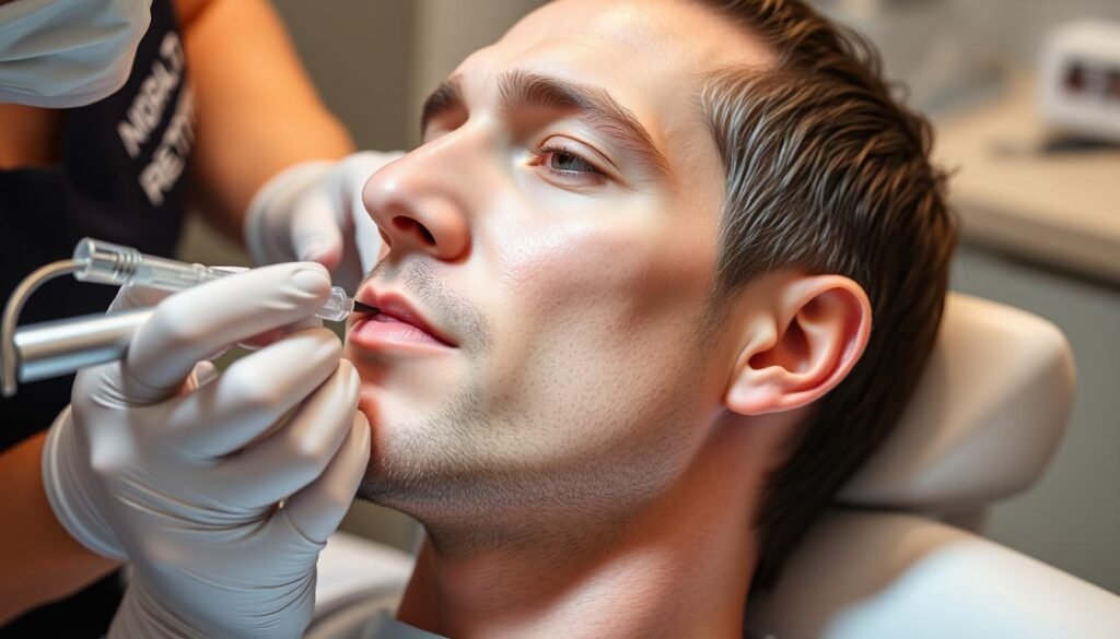 An image of a man receiving dermal filler injections for jawline enhancement
