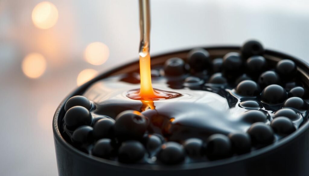 An image of black hard wax beads being melted in a wax warmer