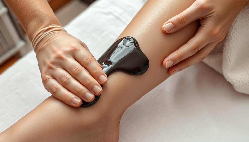 An image of black soft wax being applied to a leg for hair removal