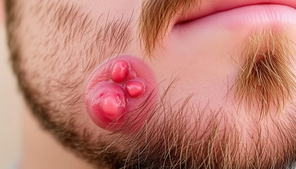 Detailed close-up of a person's skin showing the effects of laser hair removal treatment. Visible redness, irritation, and slight swelling on the treated area. Soft, diffused natural lighting illuminates the textured skin. The focus is sharp, capturing the intricate details of the skin's reaction. The composition emphasizes the affected area, creating an impactful visual representation of the potential side effects of laser hair removal on the beard region. Detailed close-up of a person's skin showing the effects of laser hair removal treatment. Visible redness, irritation, and slight swelling on the treated area. Soft, diffused natural lighting illuminates the textured skin. The focus is sharp, capturing the intricate details of the skin's reaction. The composition emphasizes the affected area, creating an impactful visual representation of the potential side effects of laser hair removal on the beard region.