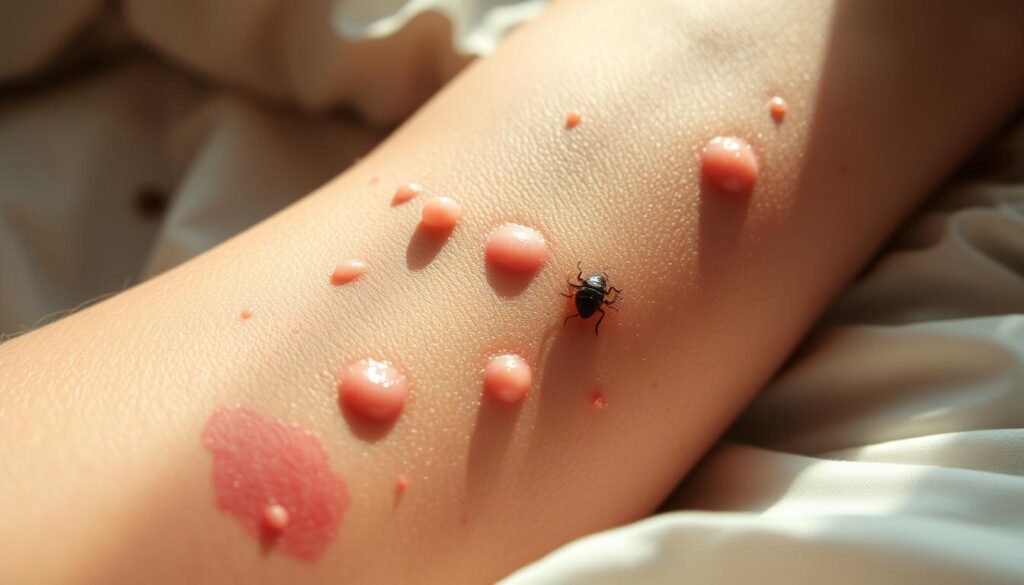 Detailed close-up of inflamed, reddish skin with raised, itchy welts and bumps, indicating bed bug bites. Soft, textured background with folds and creases like bedsheets. Warm, natural lighting from overhead, creating shadows and highlights that accentuate the textural qualities of the affected skin. Shallow depth of field, keeping the bites in sharp focus while the rest of the scene is slightly blurred. Convey a sense of discomfort and irritation through the visual cues, hinting at the unpleasant experience of dealing with a bed bug infestation. Detailed close-up of inflamed, reddish skin with raised, itchy welts and bumps, indicating bed bug bites. Soft, textured background with folds and creases like bedsheets. Warm, natural lighting from overhead, creating shadows and highlights that accentuate the textural qualities of the affected skin. Shallow depth of field, keeping the bites in sharp focus while the rest of the scene is slightly blurred. Convey a sense of discomfort and irritation through the visual cues, hinting at the unpleasant experience of dealing with a bed bug infestation.