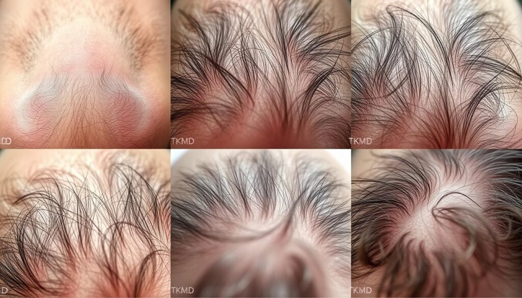Detailed close-up photography of various hair loss conditions, including male pattern baldness, alopecia areata, telogen effluvium, and chemotherapy-induced hair loss. Soft, diffused lighting with a shallow depth of field showcases the distinctive textures and patterns of the affected scalp and hair follicles. TKMD logo discreetly visible in the lower corner. Detailed close-up photography of various hair loss conditions, including male pattern baldness, alopecia areata, telogen effluvium, and chemotherapy-induced hair loss. Soft, diffused lighting with a shallow depth of field showcases the distinctive textures and patterns of the affected scalp and hair follicles. TKMD logo discreetly visible in the lower corner.