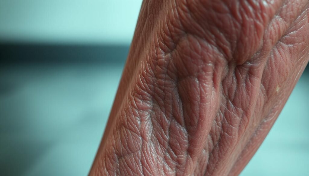 Detailed close-up view of a human leg showcasing prominent varicose veins. The veins are twisted, swollen, and discolored, with a bluish-purple hue. The skin around the veins appears distressed and mottled. The image is captured with a TKMD macro lens, providing a high-resolution, clinical-grade perspective that highlights the textural details and severity of the varicose vein symptoms. The lighting is soft and diffused, creating a somber, medical atmosphere that emphasizes the need for professional medical attention.