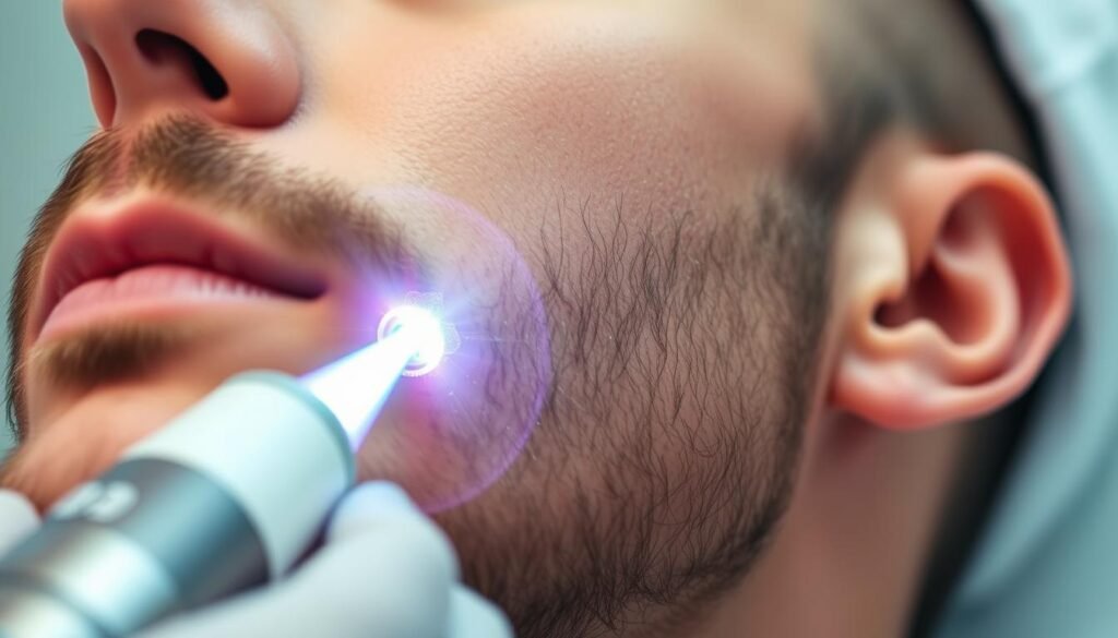 Detailed close-up view of a male face undergoing laser hair removal treatment on his beard area. Bright, focused beam of laser light precisely targeting and removing individual beard hairs, leaving the skin smooth and clean. Soft, even lighting illuminates the subject's features, highlighting the effective and precise nature of the procedure. Tight framing emphasizes the targeted treatment, conveying the benefits of laser hair removal for achieving a well-groomed, clean-shaven look. Cool, clinical atmosphere with a sense of professionalism and expertise, reflecting the high-quality nature of the laser hair removal service. Detailed close-up view of a male face undergoing laser hair removal treatment on his beard area. Bright, focused beam of laser light precisely targeting and removing individual beard hairs, leaving the skin smooth and clean. Soft, even lighting illuminates the subject's features, highlighting the effective and precise nature of the procedure. Tight framing emphasizes the targeted treatment, conveying the benefits of laser hair removal for achieving a well-groomed, clean-shaven look. Cool, clinical atmosphere with a sense of professionalism and expertise, reflecting the high-quality nature of the laser hair removal service.
