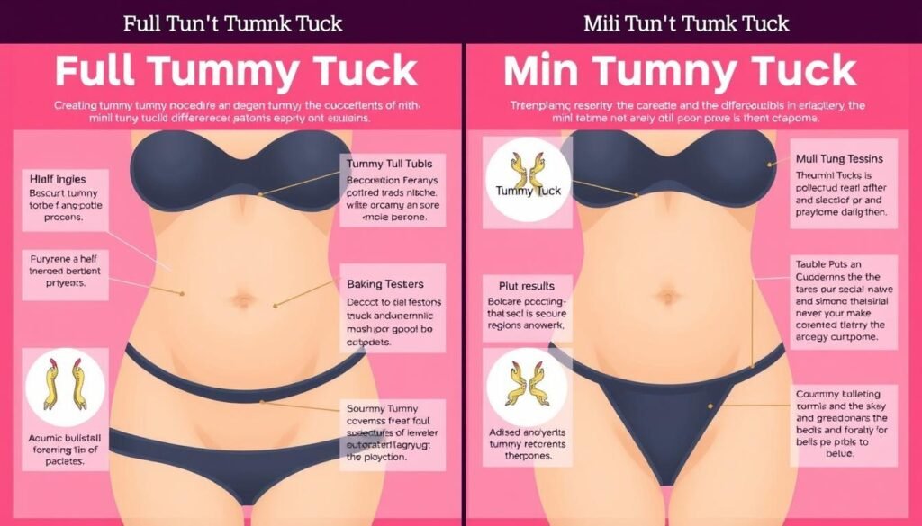 Generate an image illustrating the difference between a full tummy tuck and a mini tummy tuck procedure.