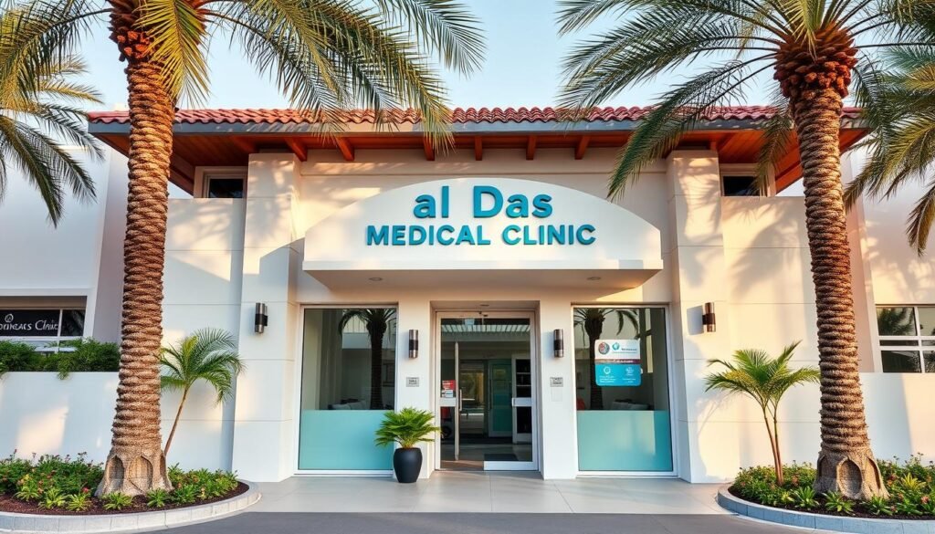 Generate an image of Al Das Medical Clinic's welcoming entrance in Palm Jumeirah.
