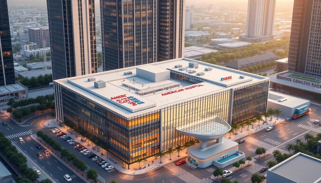 Generate an image of American Hospital Media City located in Business Central Towers.