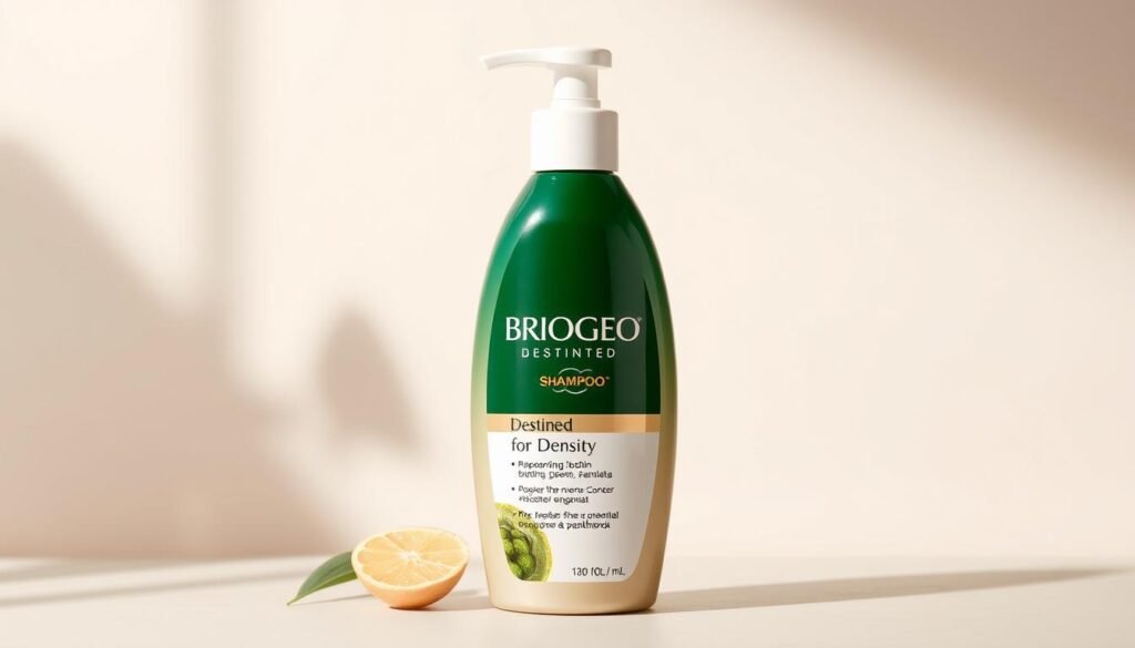 Generate an image of Briogeo Destined For Density Shampoo bottle, highlighting its key ingredients.
