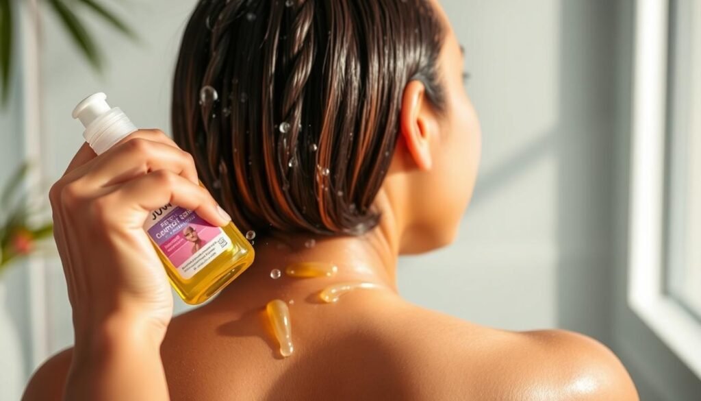 Generate an image of JVN Complete Pre-Wash Scalp and Hair Treatment Oil being applied to a person's hair before washing.