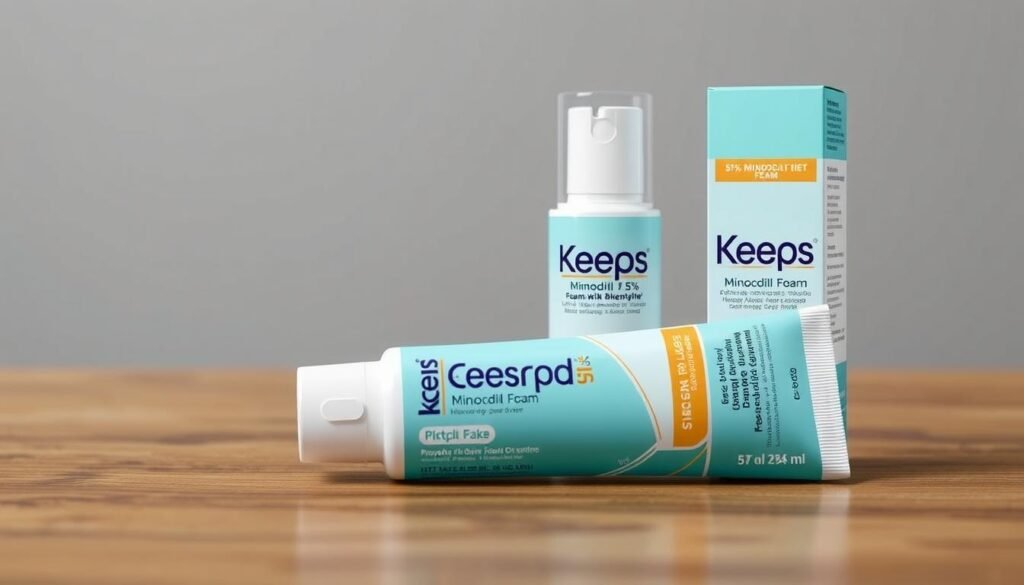 Generate an image of Keeps 5% Minoxidil Foam packaging