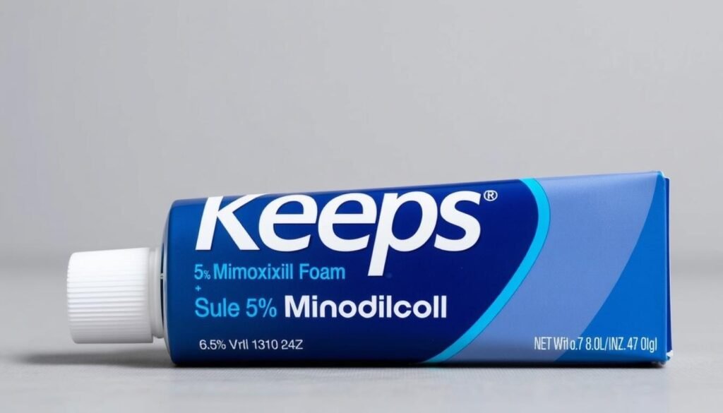 Generate an image of Keeps 5% Minoxidil Foam product packaging