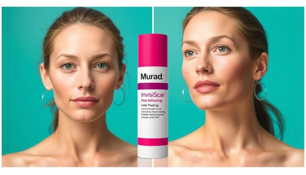 Generate an image of Murad InvisiScar Post-Acne Resurfacing Treatment product packaging and a before-and-after skin comparison. Generate an image of Murad InvisiScar Post-Acne Resurfacing Treatment product packaging and a before-and-after skin comparison.