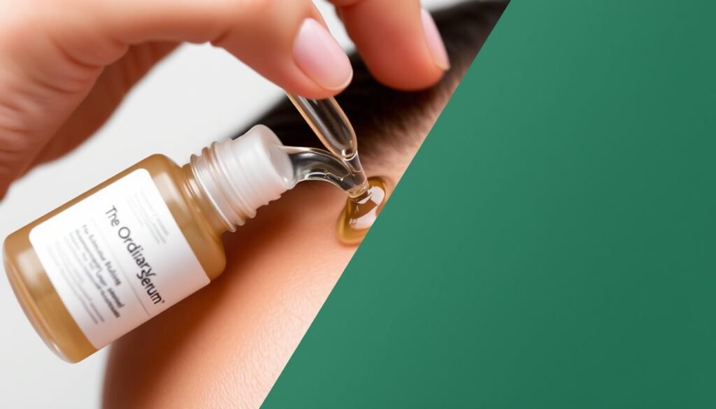 Generate an image of The Ordinary Multi-Peptide Serum bottle with a few drops being applied to a scalp.