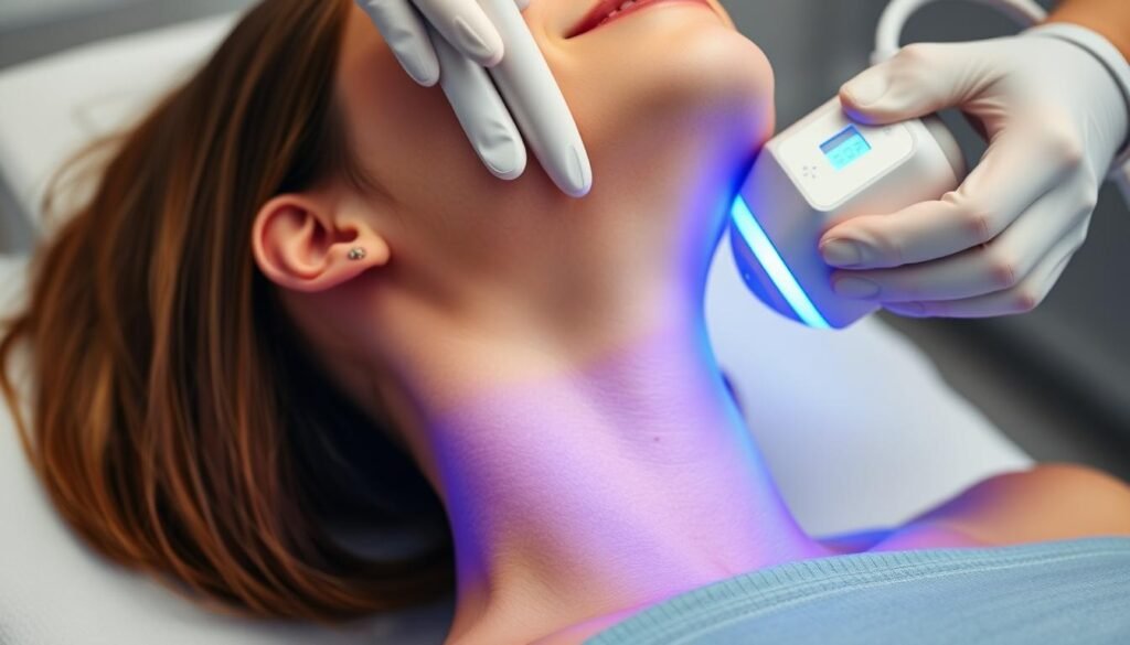 Generate an image of a CoolSculpting device being used on a person's neck.