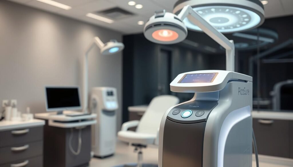Generate an image of a PicoSure laser machine in a dermatological clinic setting. Generate an image of a PicoSure laser machine in a dermatological clinic setting.