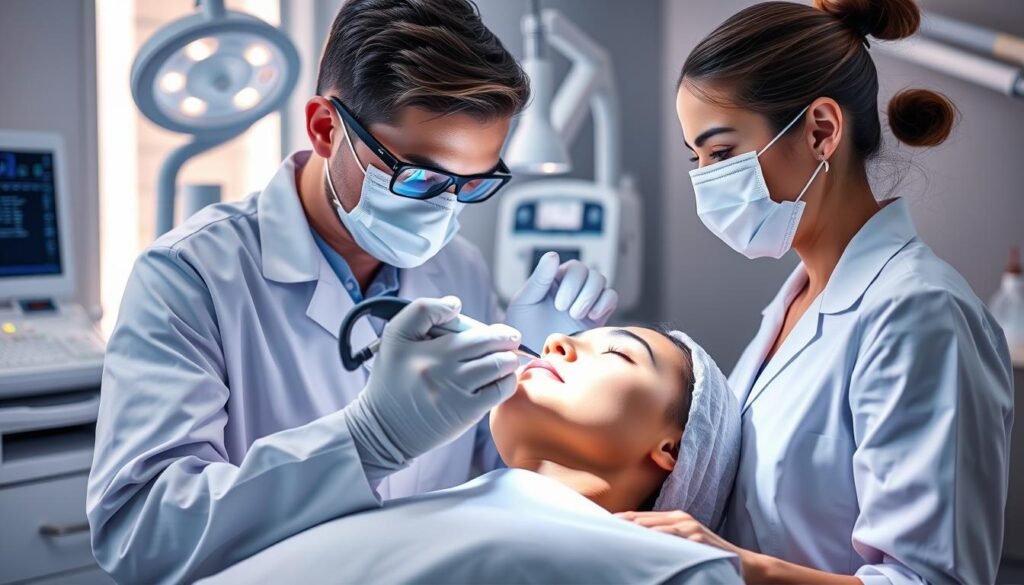 Generate an image of a dermatologist performing a laser treatment on a patient with blackheads.