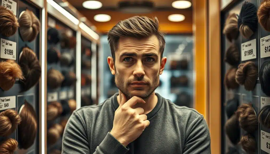 Generate an image of a man considering different hair patch options with price tags.