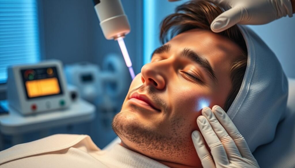 Generate an image of a man receiving laser skin rejuvenation treatment.