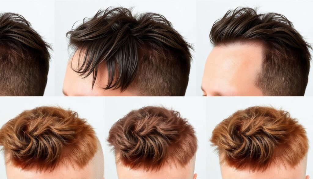 Generate an image of a man with a hair patch, showcasing different hair densities and colors. Generate an image of a man with a hair patch, showcasing different hair densities and colors.