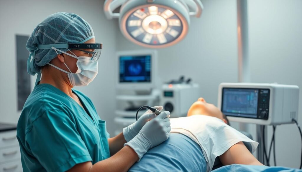 Generate an image of a medical professional performing Radiofrequency Ablation on a patient. Generate an image of a medical professional performing Radiofrequency Ablation on a patient.