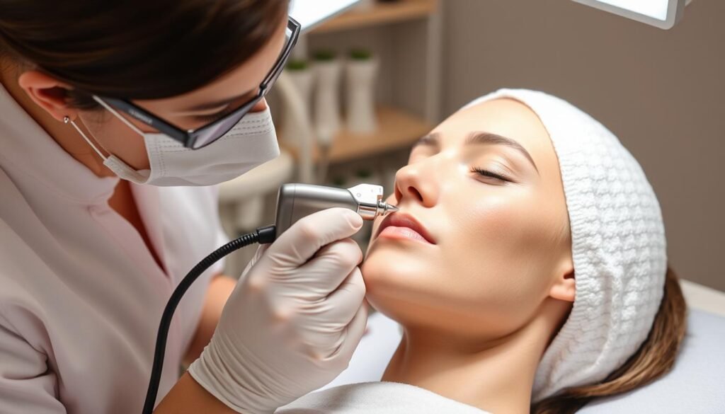 Generate an image of a microneedling procedure being performed. Generate an image of a microneedling procedure being performed.