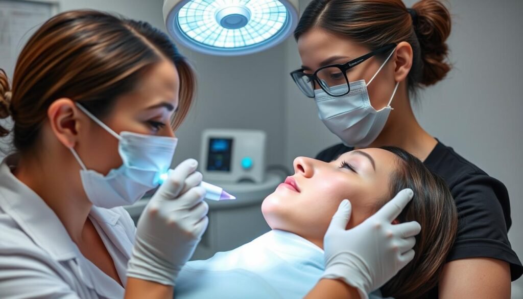 Generate an image of a patient undergoing laser scar removal treatment with a professional healthcare provider. Generate an image of a patient undergoing laser scar removal treatment with a professional healthcare provider.