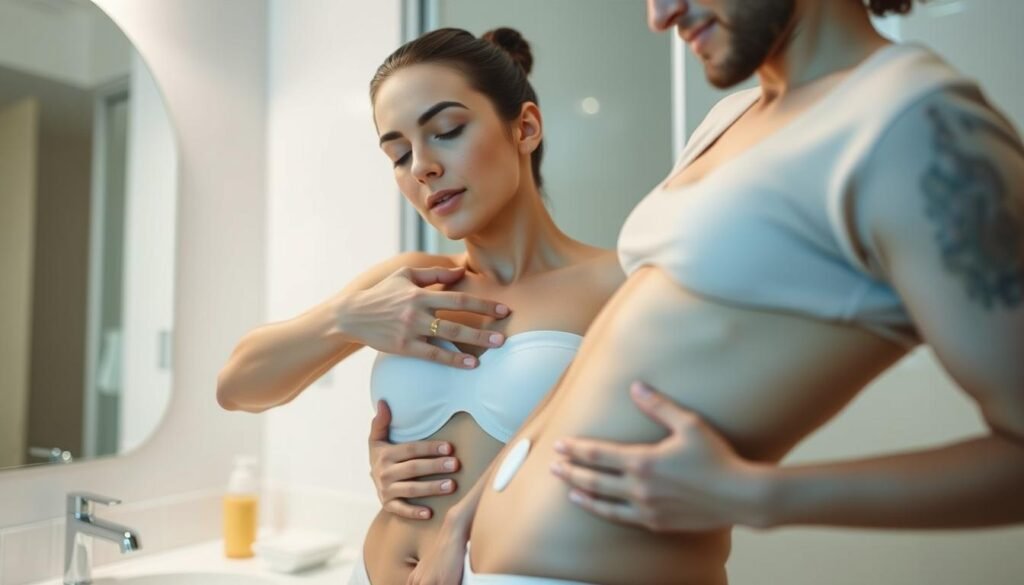 Generate an image of a person applying a skin tightening cream on their stomach.