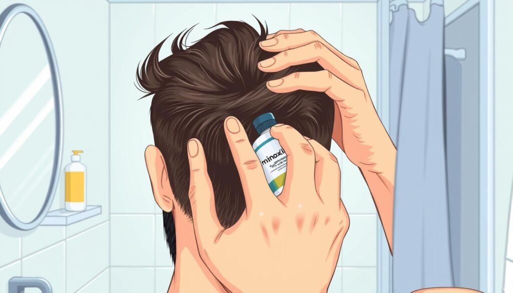 Generate an image of a person applying minoxidil to their scalp Generate an image of a person applying minoxidil to their scalp