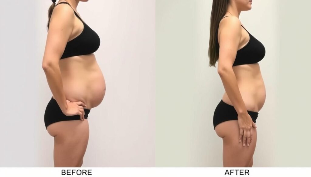 Generate an image of a person before and after undergoing a tummy tuck surgery.