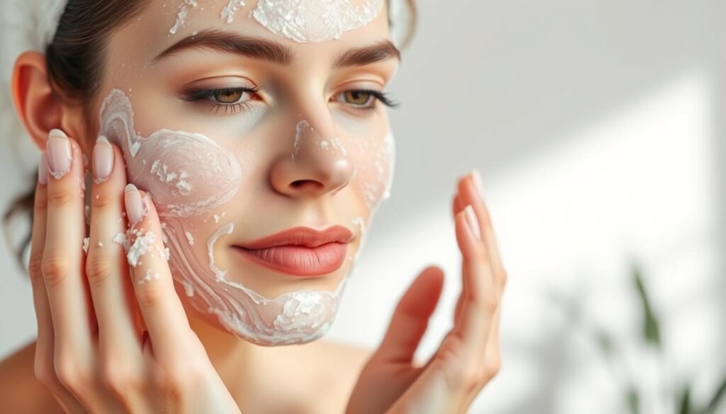 Generate an image of a person gently exfoliating their face with a gentle scrub. Generate an image of a person gently exfoliating their face with a gentle scrub.