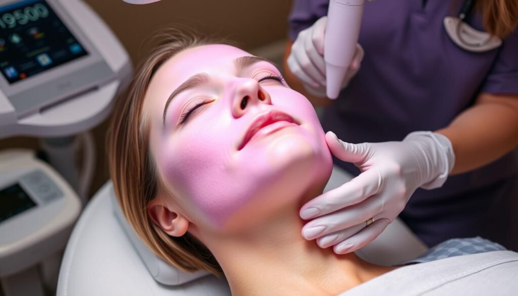 Generate an image of a person receiving Ultherapy treatment on their neck.