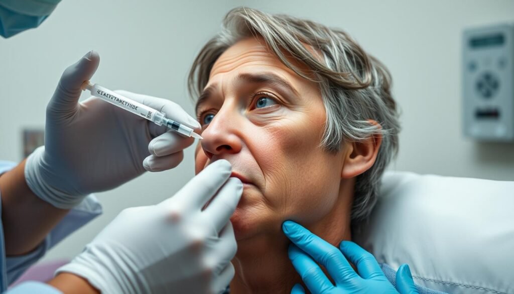 Generate an image of a person receiving an injection of Semaglutide or Tirzepatide. Generate an image of a person receiving an injection of Semaglutide or Tirzepatide.