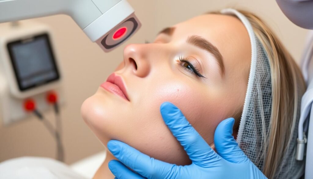 Generate an image of a person undergoing CO2 laser treatment for acne scars Generate an image of a person undergoing CO2 laser treatment for acne scars
