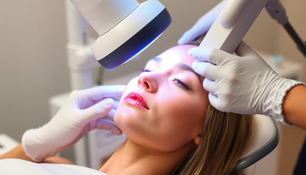 Generate an image of a person undergoing Clear + Brilliant laser treatment for acne scars. Generate an image of a person undergoing Clear + Brilliant laser treatment for acne scars.