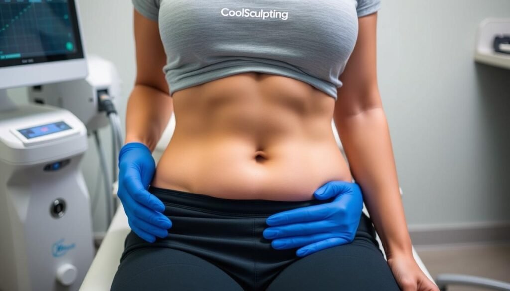 Generate an image of a person undergoing CoolSculpting treatment on their stomach area.