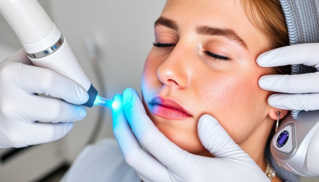 Generate an image of a person undergoing Fraxel Dual Laser treatment for acne scars. Generate an image of a person undergoing Fraxel Dual Laser treatment for acne scars.