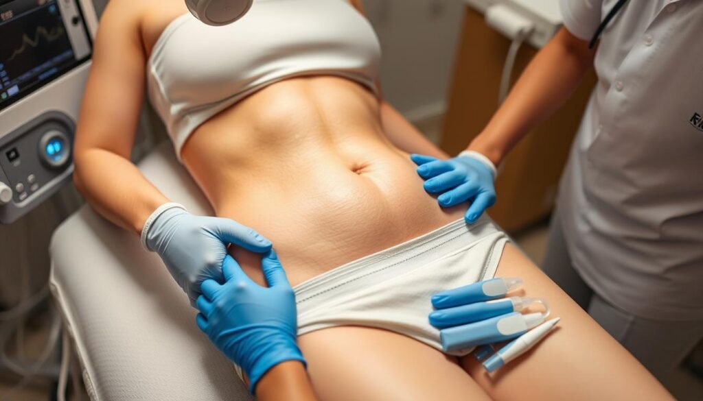 Generate an image of a person undergoing HIFU treatment for tummy skin tightening