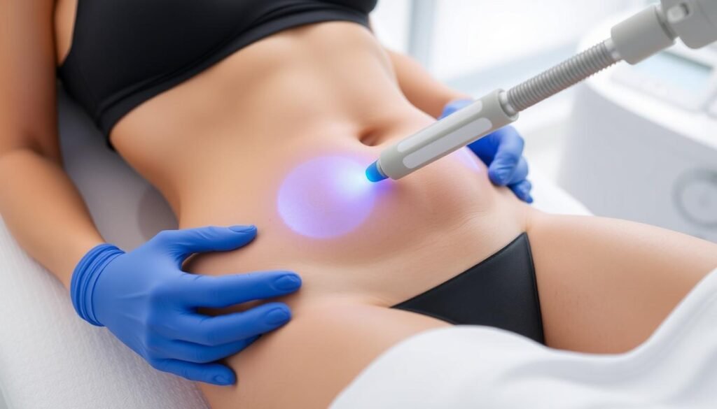 Generate an image of a person undergoing ThermaLipo treatment, highlighting the technology's application on the abdomen area. Generate an image of a person undergoing ThermaLipo treatment, highlighting the technology's application on the abdomen area.