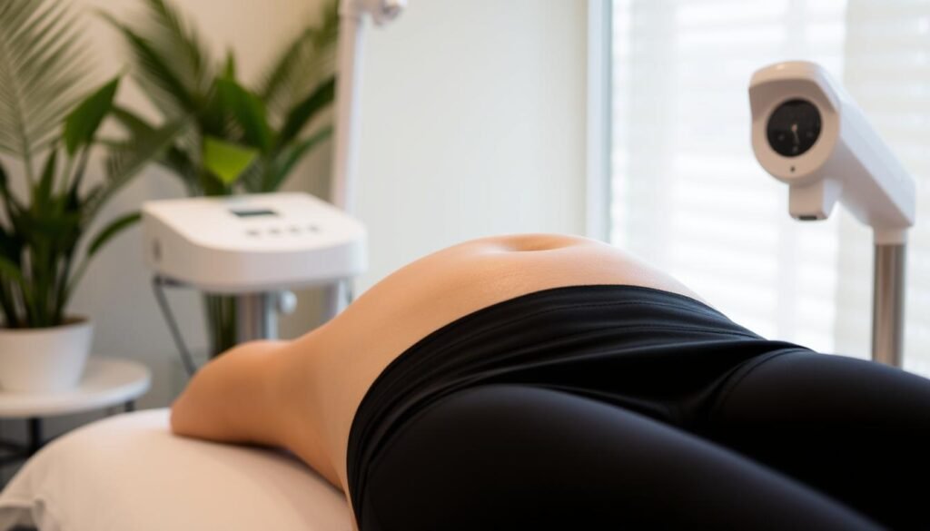 Generate an image of a person undergoing Velashape treatment for tummy skin tightening