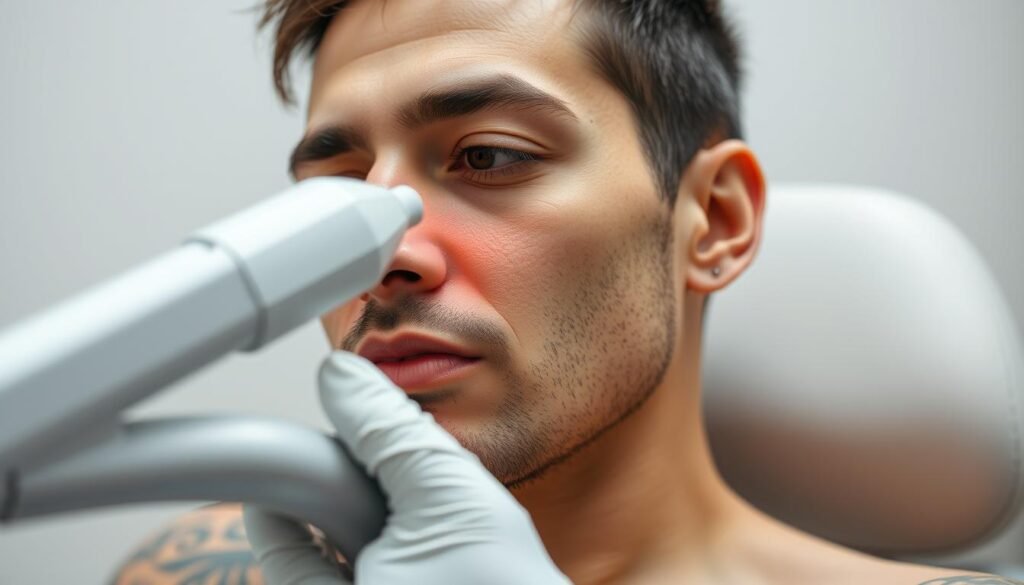Generate an image of a person undergoing laser tattoo removal. Generate an image of a person undergoing laser tattoo removal.